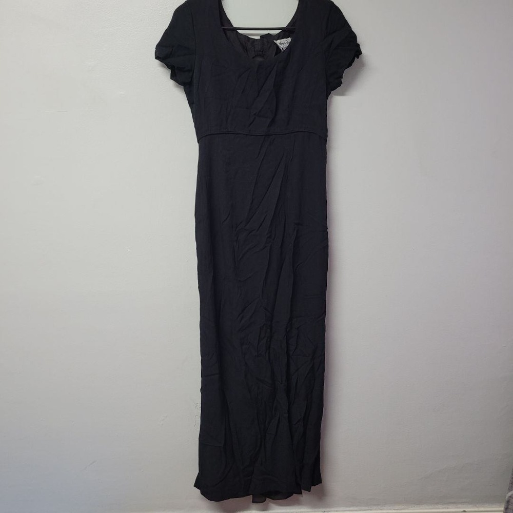 Vintage Jeffrey & Dara Black Evening Maxi Dress Short Sleeve Bow Back Open